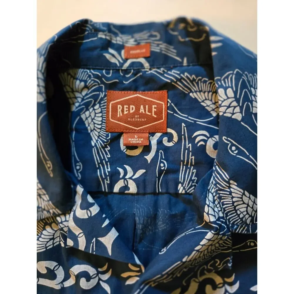 Red Ale Men's Shirt -‎ Navy Cotton Linen - Size Large